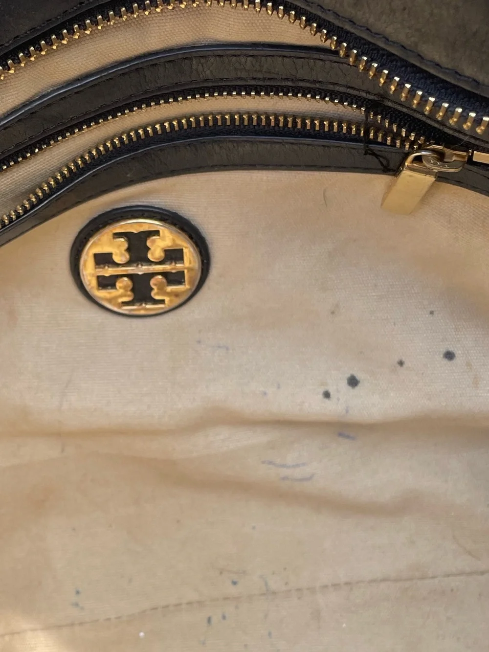 Tory Burch Black Leather Logo Tote with Gold-Tone Accents